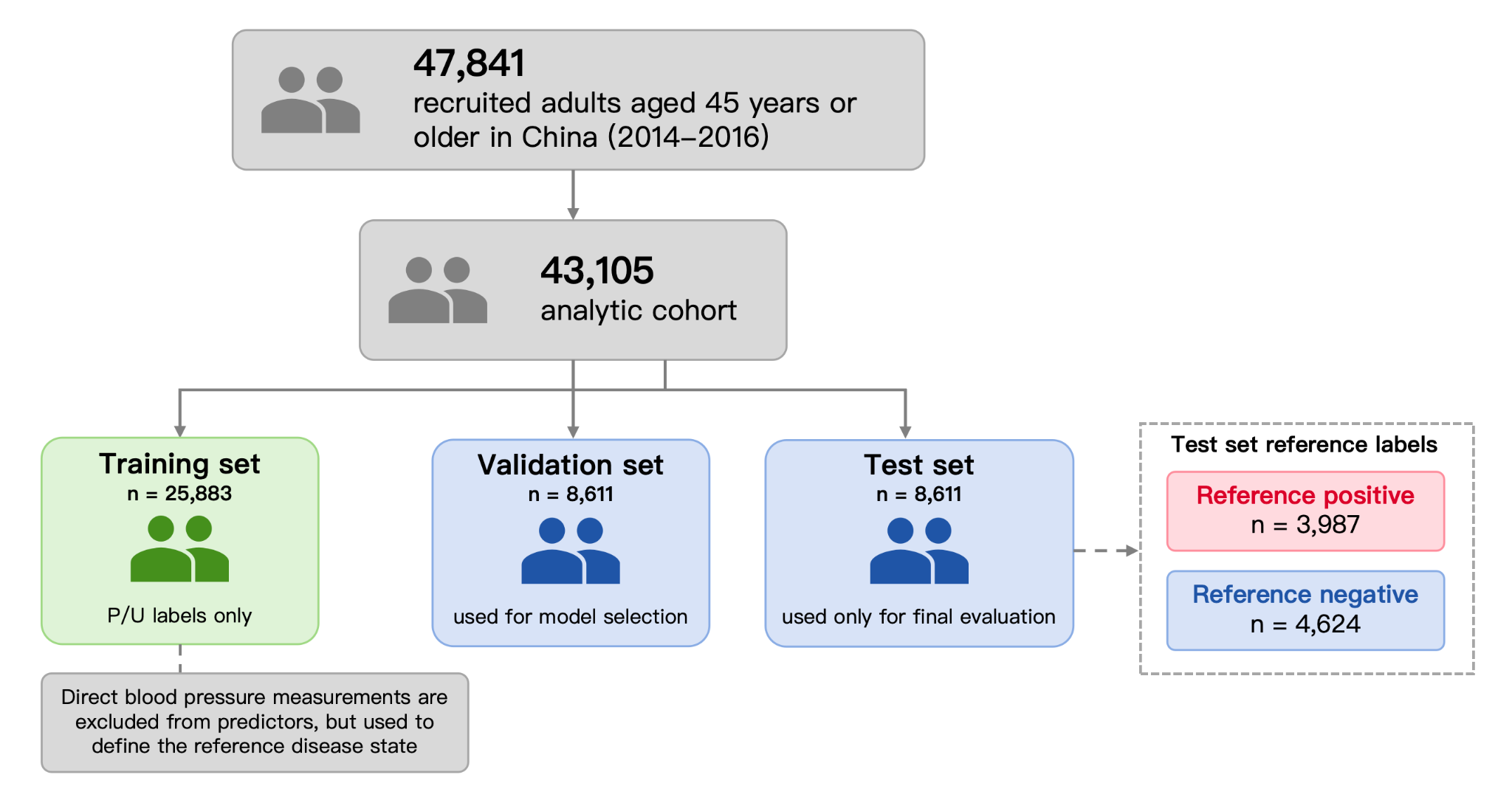 PU-Boost cohort figure showing 47,841 recruited adults, analytic cohort, and split into training, validation, and test sets